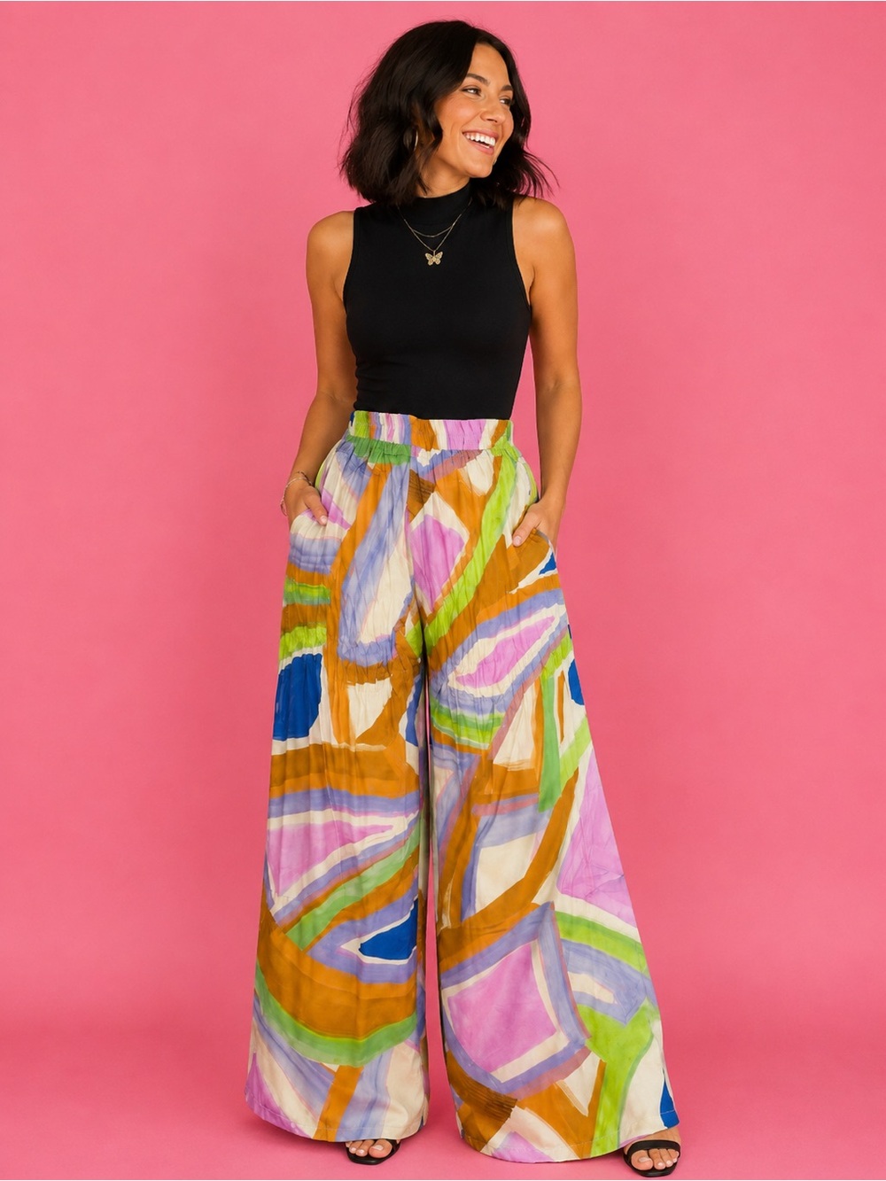 Self Contrast Boho Retro Abstract Multi-Color Wide-Leg Pants Size S
